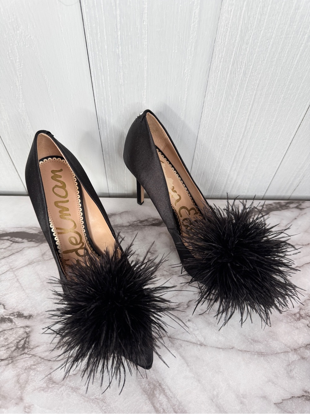 Sam Edelman Black Satin Pom-Pom Stiletto Pumps - Picture 3 of 10